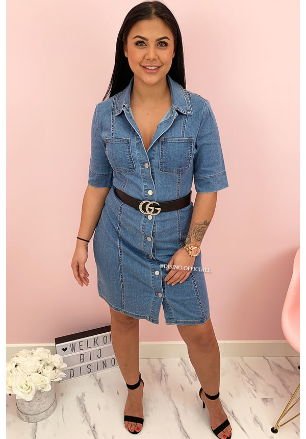 MEDIUM BLUE - 'AIDA' - REAL DENIM BUTTON UP DRESS