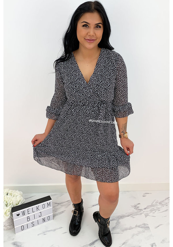 BLACK - 'DAPHNE' - HEART DOTTED RUFFLE DRESS