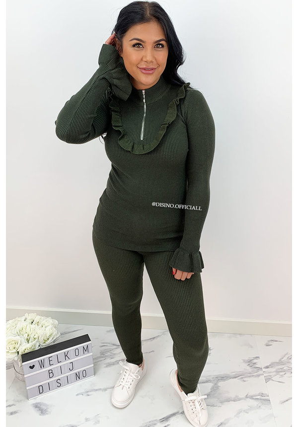 OLIVE GREEN - 'MARIE' - INSPIRED SOFT RUFFLE COMFY TWO PIECE - 911