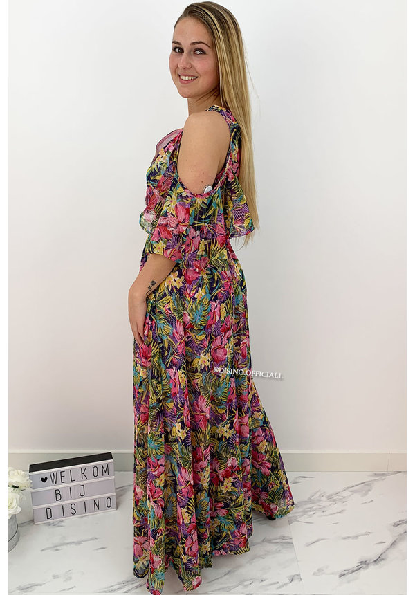 FUCHSIA - 'YOLANTHE' - LUXE FLORAL OPEN SHOULDER MAXI DRESS