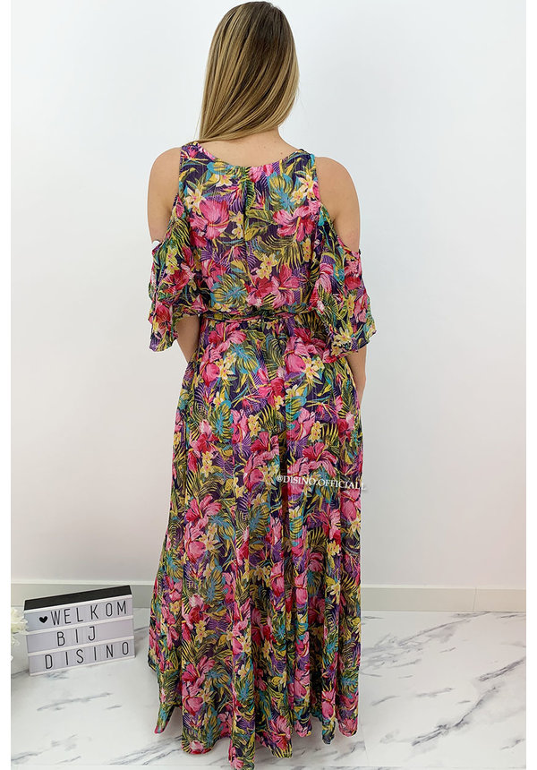 FUCHSIA - 'YOLANTHE' - LUXE FLORAL OPEN SHOULDER MAXI DRESS