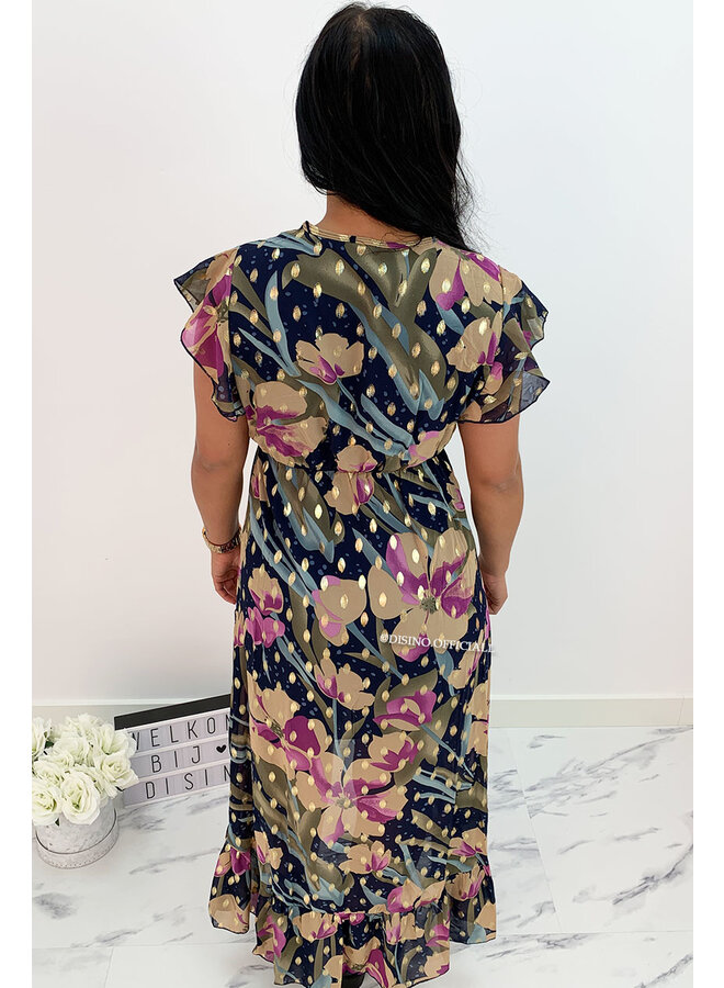 PURPLE - 'AUDREY' - GOLD DOTTED FLORAL MAXI RUFFLE DRESS