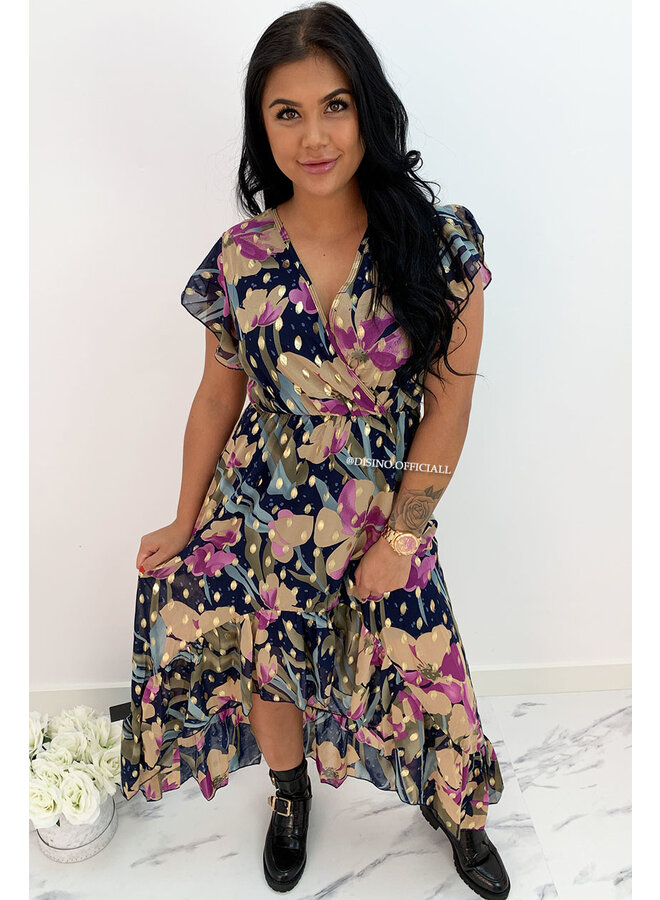 PURPLE - 'AUDREY' - GOLD DOTTED FLORAL MAXI RUFFLE DRESS