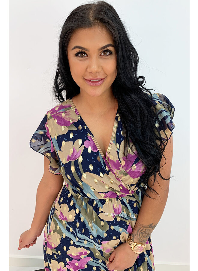 PURPLE - 'AUDREY' - GOLD DOTTED FLORAL MAXI RUFFLE DRESS