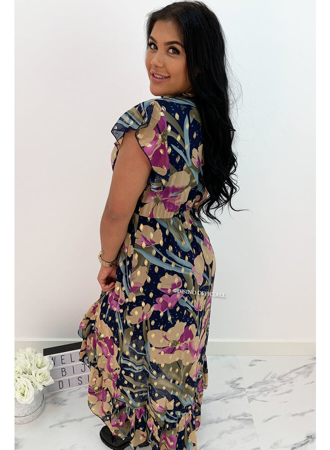 PURPLE - 'AUDREY' - GOLD DOTTED FLORAL MAXI RUFFLE DRESS