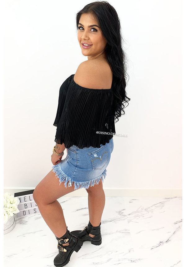 BLACK - 'SADIE' - PLISSE OFF SHOULDER TOP