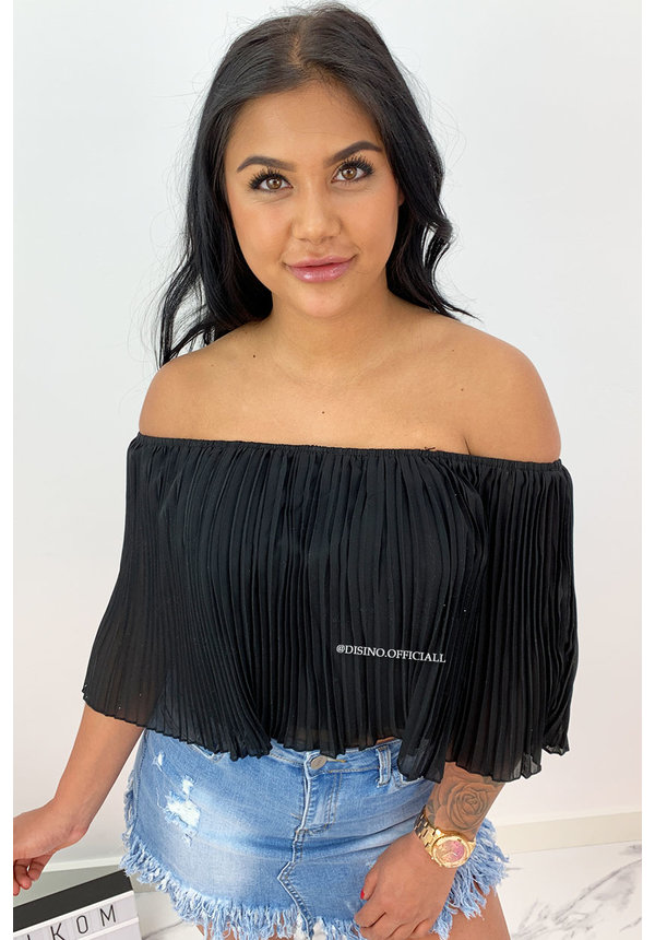 BLACK - 'SADIE' - PLISSE OFF SHOULDER TOP