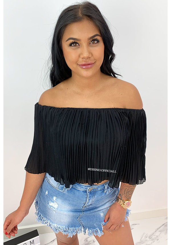 BLACK - 'SADIE' - PLISSE OFF SHOULDER TOP