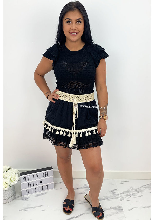 BLACK - 'YENTL' - SHORT SLEEVE IBIZA RUFFLE TOP