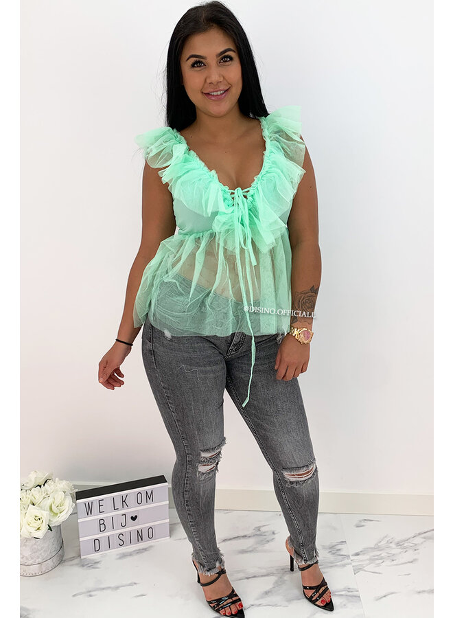 GREEN - 'JULIET' - V-NECK MESH TOP