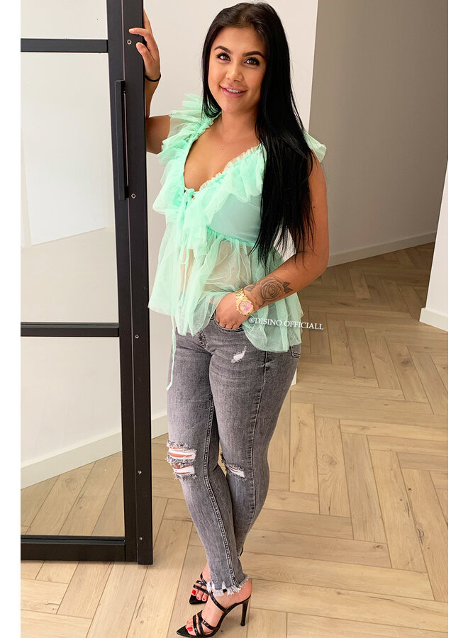 GREEN - 'JULIET' - V-NECK MESH TOP