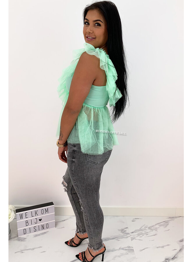 GREEN - 'JULIET' - V-NECK MESH TOP