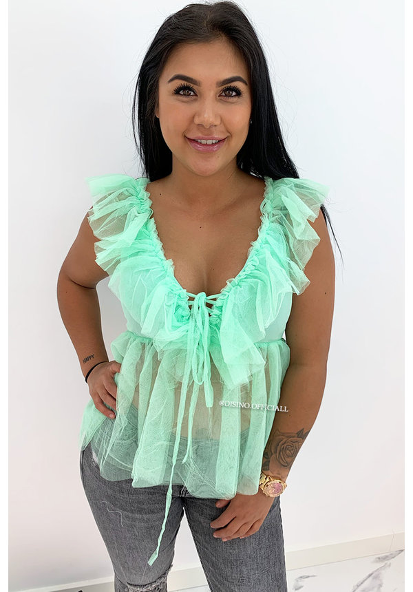 GREEN - 'JULIET' - V-NECK MESH TOP