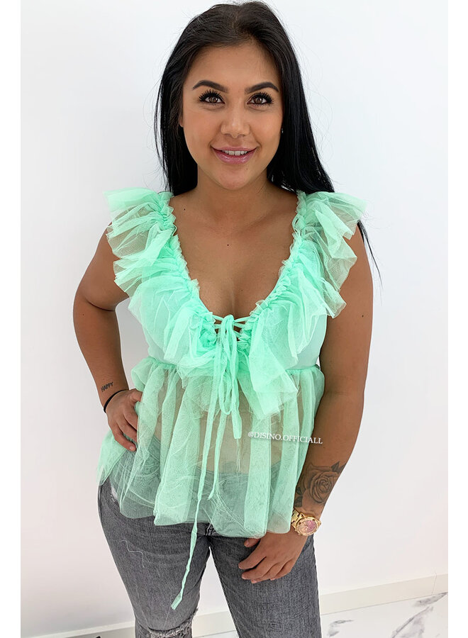 GREEN - 'JULIET' - V-NECK MESH TOP