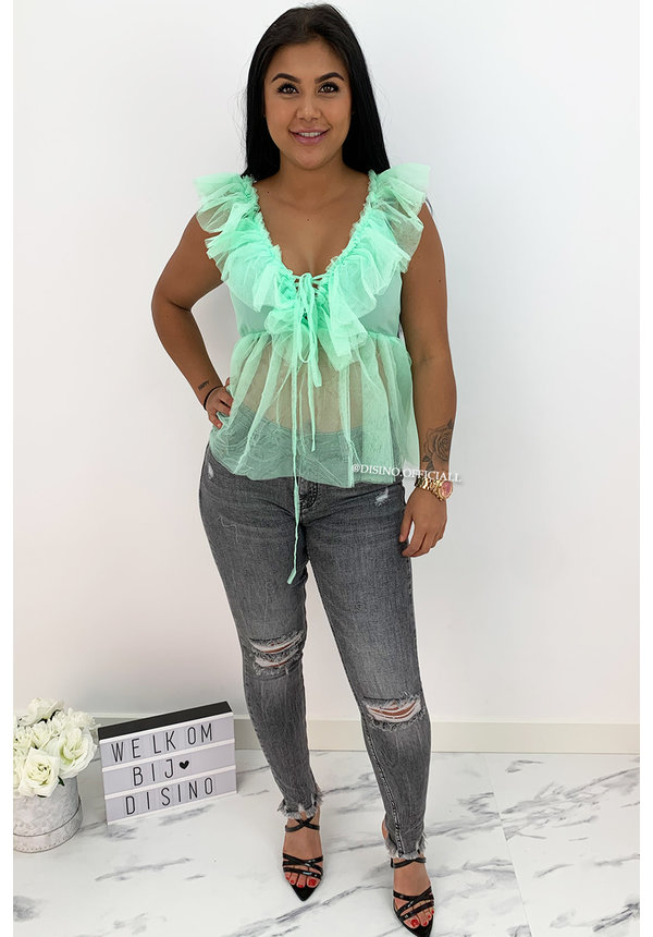 GREEN - 'JULIET' - V-NECK MESH TOP