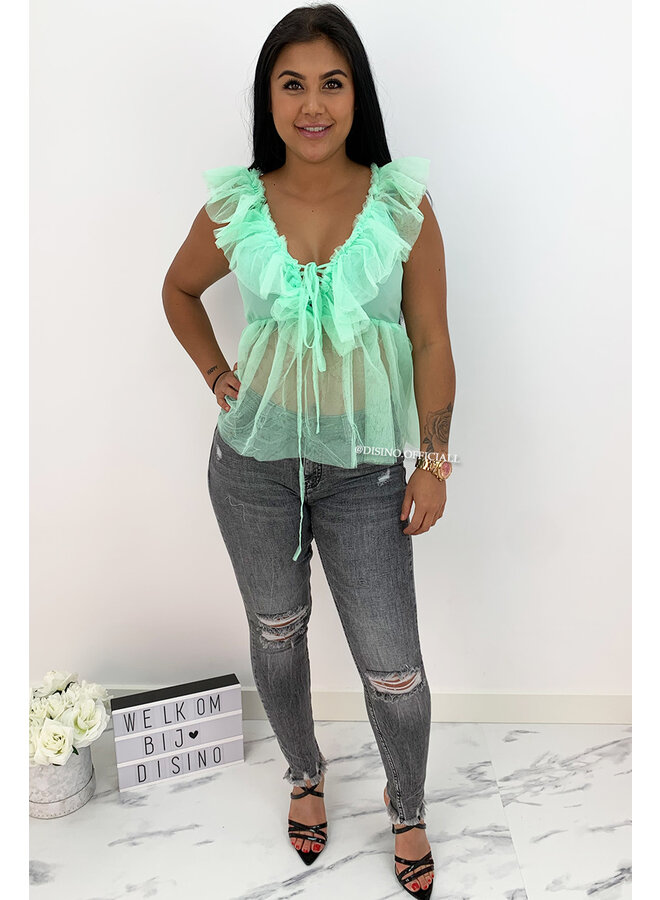 GREEN - 'JULIET' - V-NECK MESH TOP
