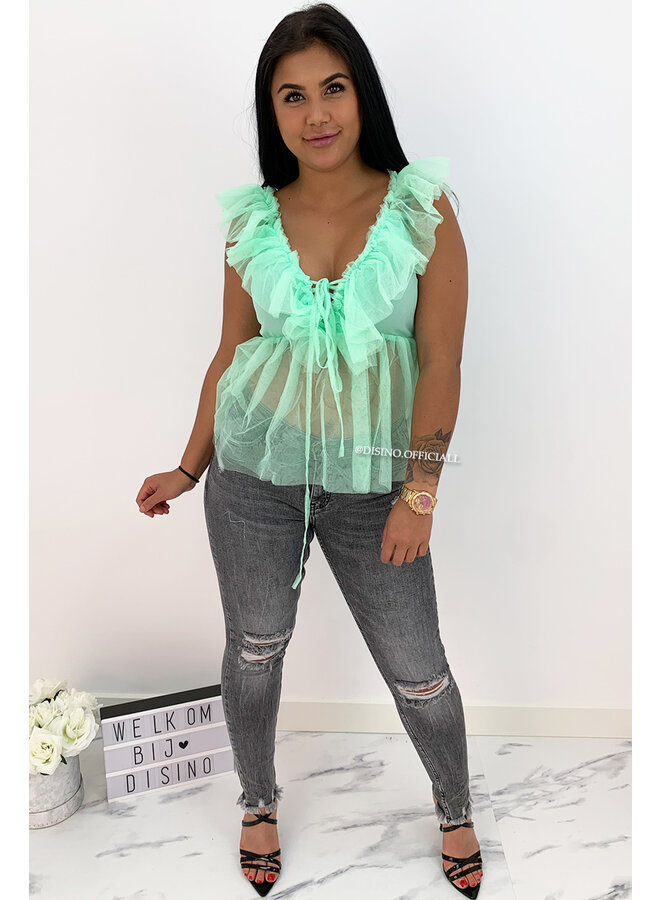 GREEN - 'JULIET' - V-NECK MESH TOP
