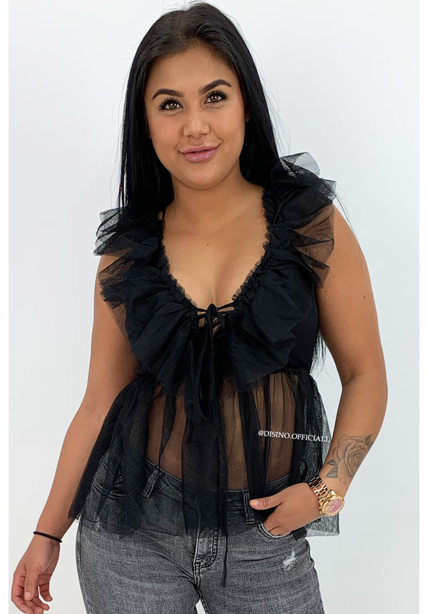 BLACK - 'JULIET' - V-NECK MESH TOP