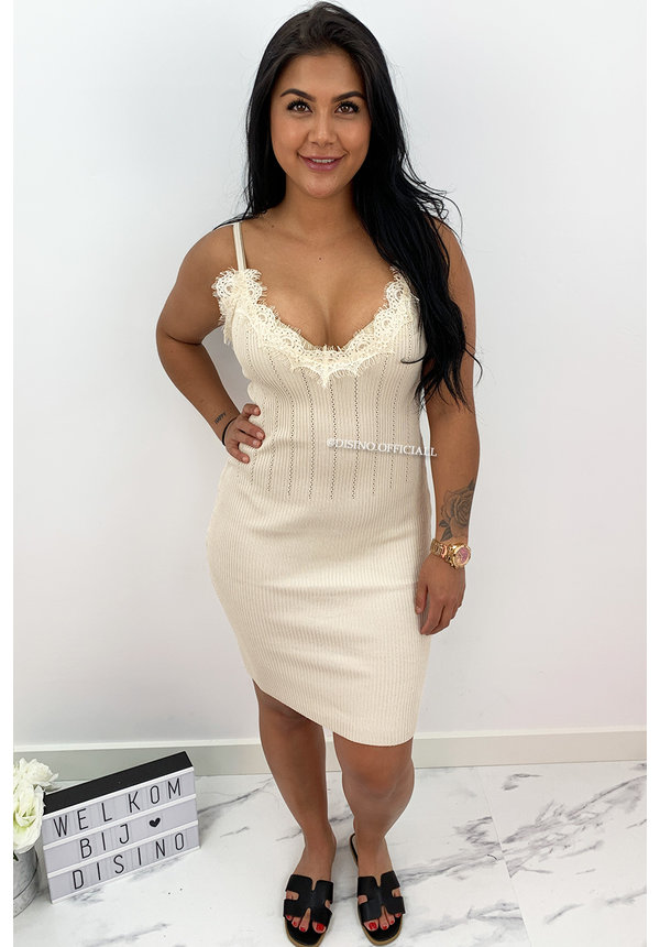 BEIGE - 'MANDY' - RIBBED BODYCON DRESS WITH SEXY LACE