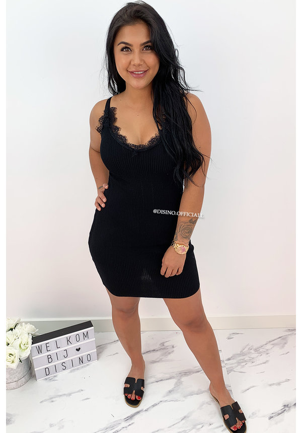 BLACK - 'MANDY' - RIBBED BODYCON DRESS WITH SEXY LACE