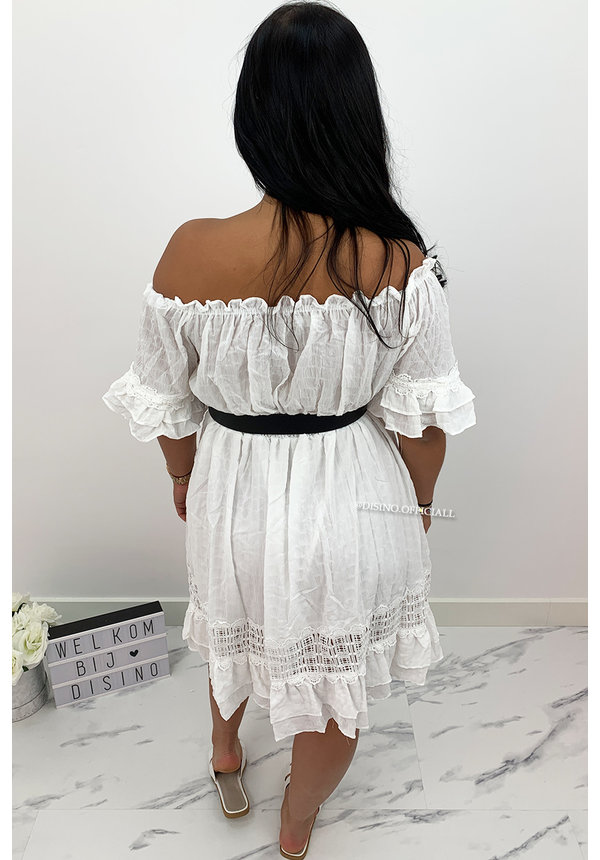 WHITE - 'CLARISSA' - IBIZA LINNEN OFF SHOULDER DRESS