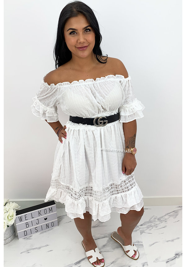 WHITE - 'CLARISSA' - IBIZA LINNEN OFF SHOULDER DRESS