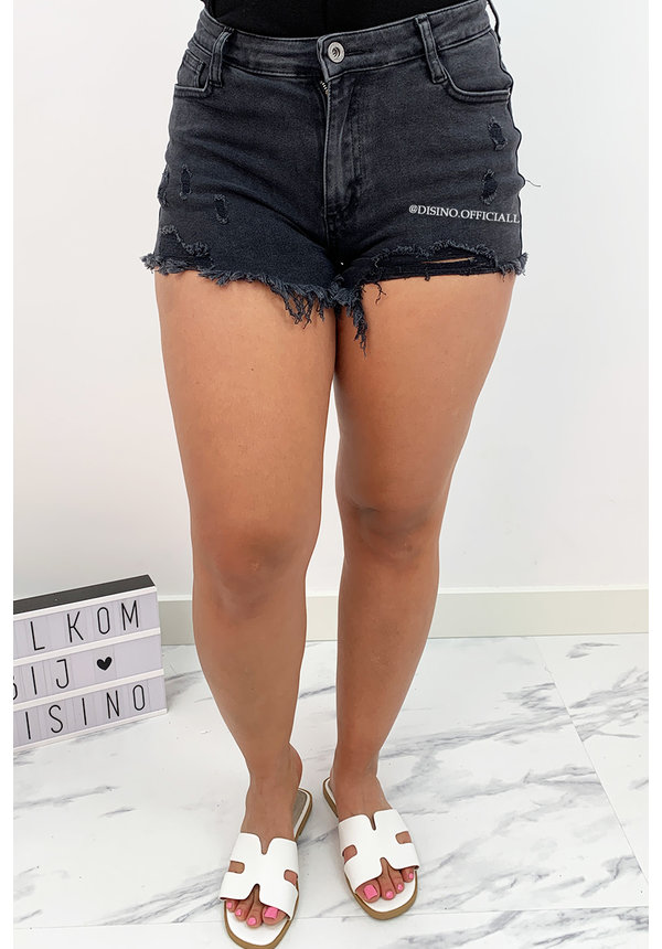 DARK GREY - 'KITTY' - SUPER STRETCH RIPPED DENIM SHORTS