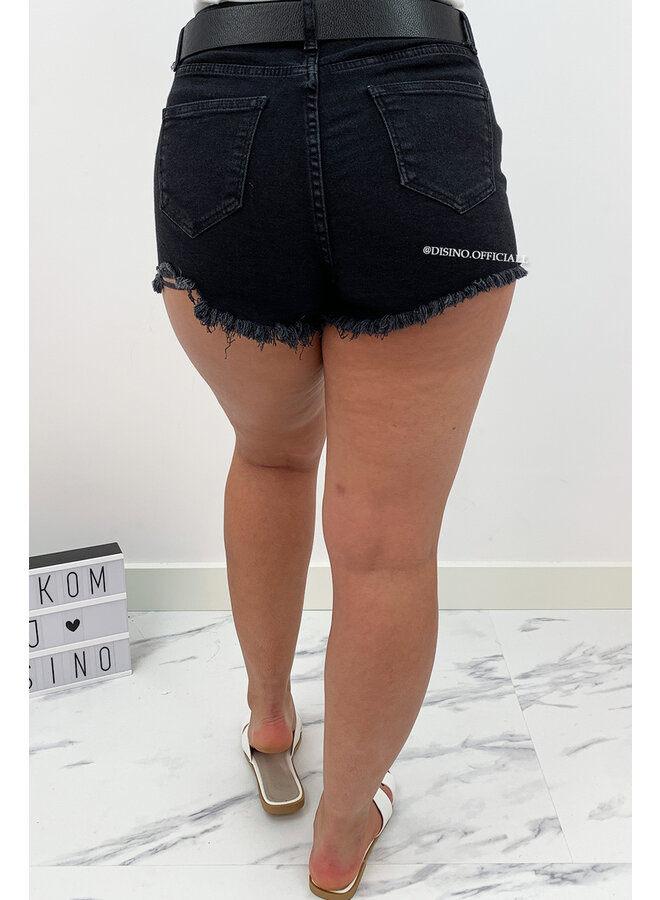 BLACK - 'KITTY' - SUPER STRETCH RIPPED DENIM SHORTS