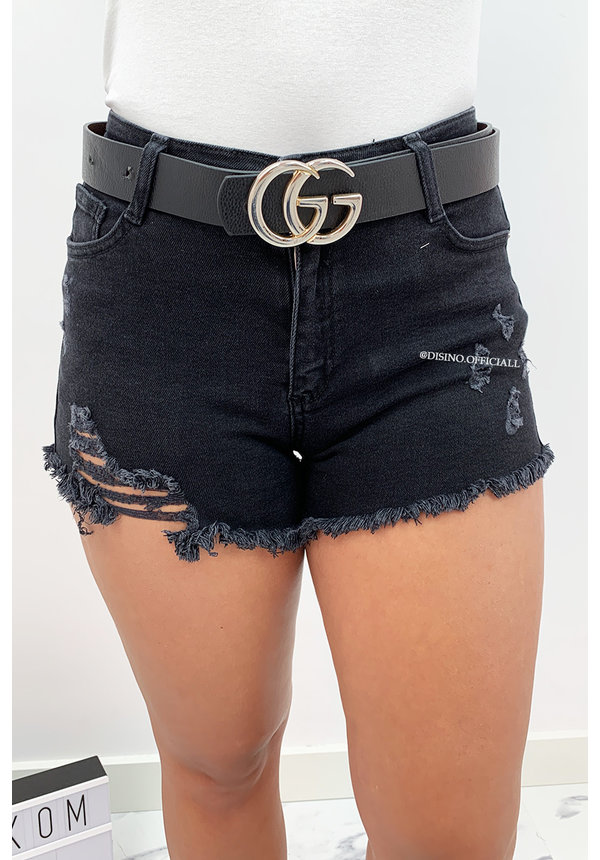 BLACK - 'KITTY' - SUPER STRETCH RIPPED DENIM SHORTS