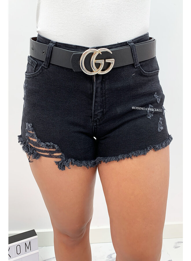 BLACK - 'KITTY' - SUPER STRETCH RIPPED DENIM SHORTS