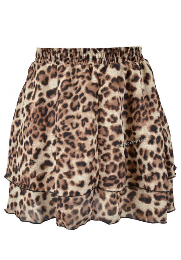 BEIGE - 'ISA' - LEOPARD LAYERED RUFFLE SKIRT