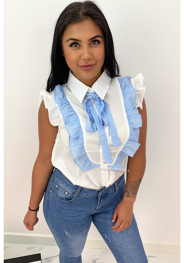 LIGHT BLUE - 'LOIS' - RUFFLE KNOT BLOUSE