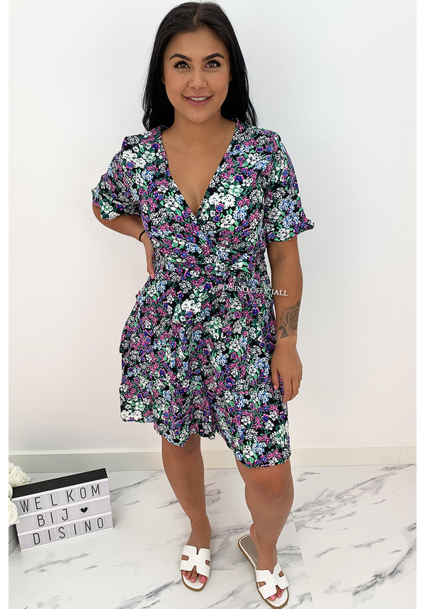 PURPLE - 'LILIA' - FLORAL SHORT SLEEVE RUFFLE DRESS