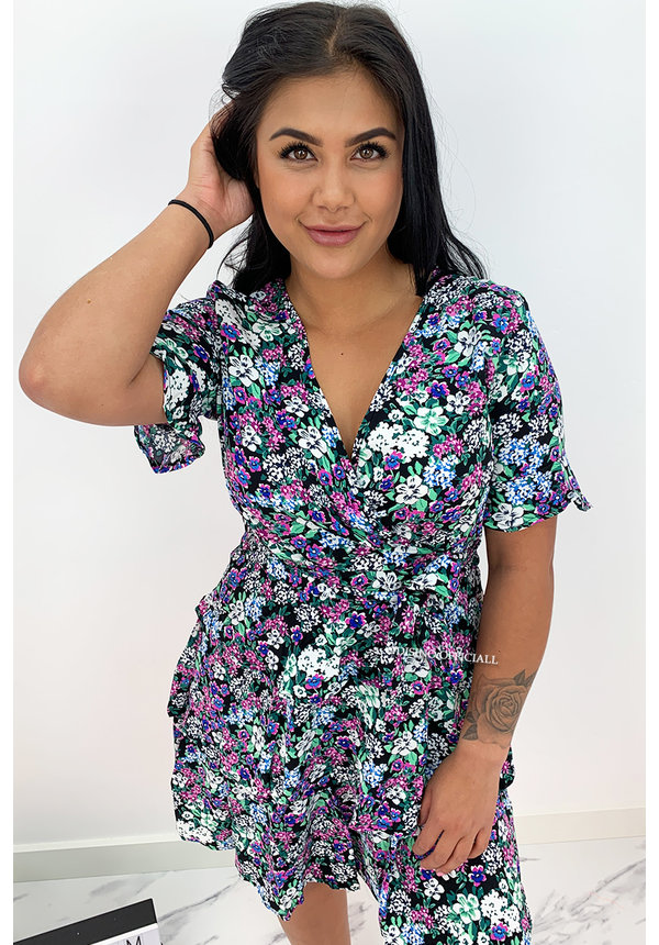 PURPLE - 'LILIA' - FLORAL SHORT SLEEVE RUFFLE DRESS