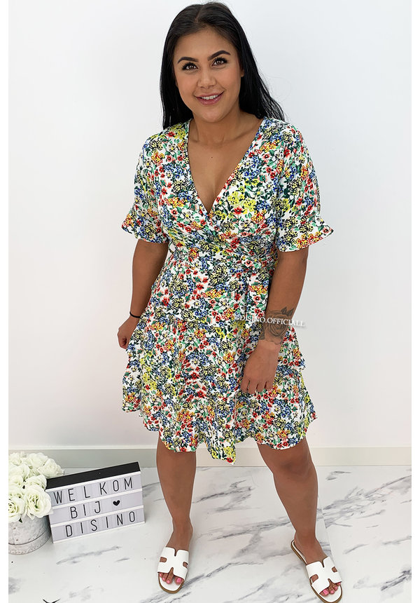 WHITE - 'LILIA' - FLORAL SHORT SLEEVE RUFFLE DRESS