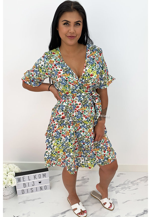 WHITE - 'LILIA' - FLORAL SHORT SLEEVE RUFFLE DRESS