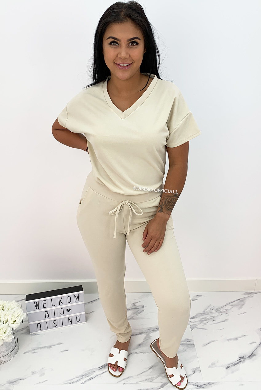 BEIGE 'SENNA' V NECK COMFY SET DISINO Fashion Boutique DISINO TWO PIECES & LOUNGEWEAR DISINO Fashion Boutique