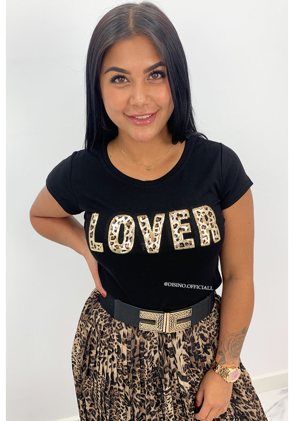 BLACK - 'LOVER' - LEOPRD PRINT TEXTED TEE