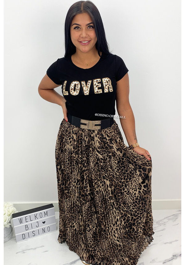 BLACK - 'LOVER' - LEOPRD PRINT TEXTED TEE