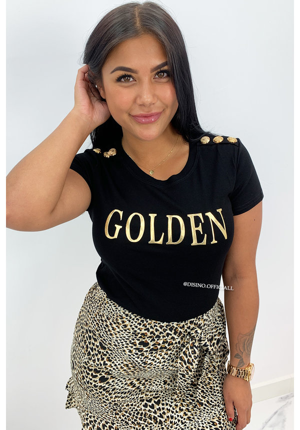 BLACK - 'GOLDEN TEE' - GOLD BUTTON SUPER STRETCH TEE