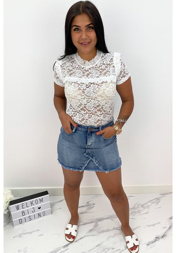 WHITE - 'MAIKE' - ALL OVER LACE SHORT SLEEVE TOP