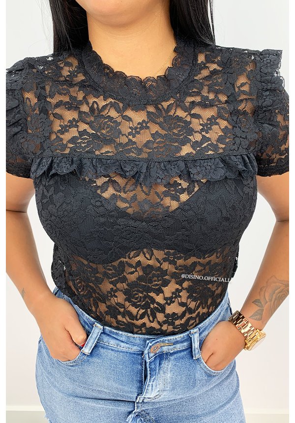 BLACK - 'MAIKE' - ALL OVER LACE SHORT SLEEVE TOP