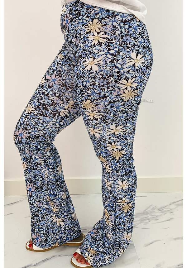 BLUE - 'MARIE' - ALL OVER FLORAL FLARED PANTS