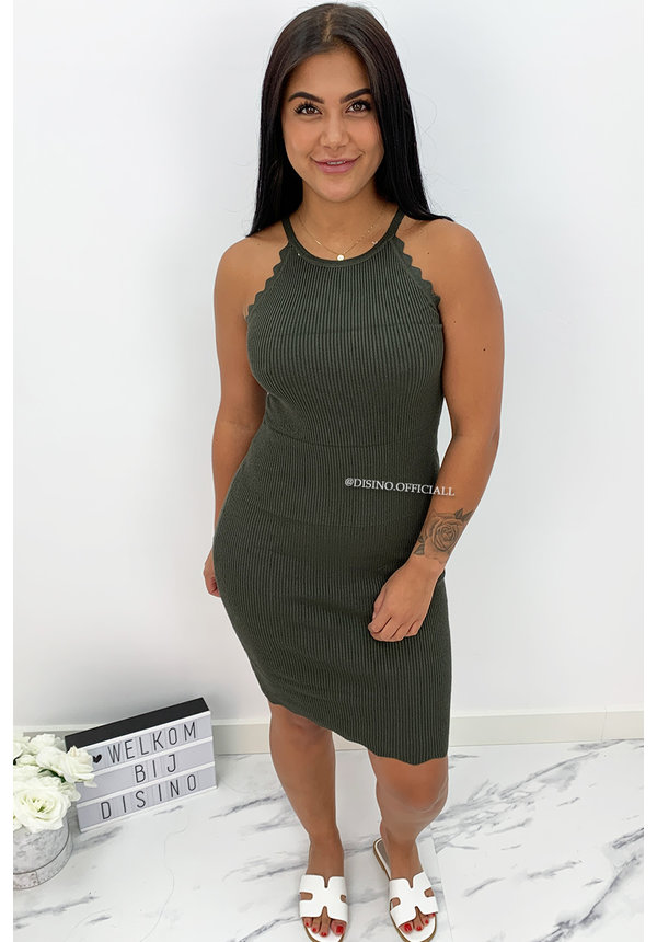 KHAKI GREEN - 'KATE DRESS' - RIBBED SCALLOP HALTER MIDI DRESS