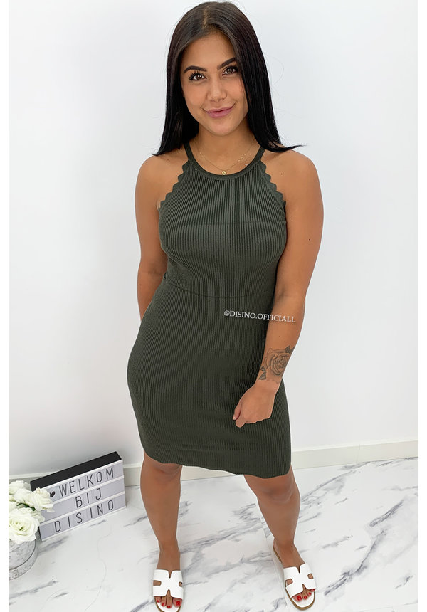 KHAKI GREEN - 'KATE DRESS' - RIBBED SCALLOP HALTER MIDI DRESS