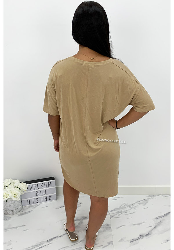 BEIGE - 'RIKKIE' - PREMIUM QUALITY OVERSIZED BASIC TEE DRESS