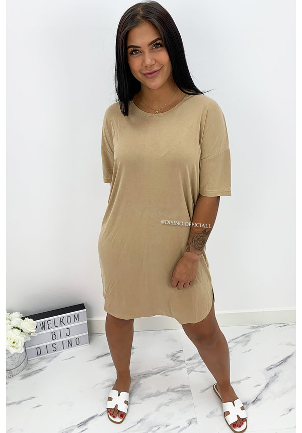 BEIGE - 'RIKKIE' - PREMIUM QUALITY OVERSIZED BASIC TEE DRESS