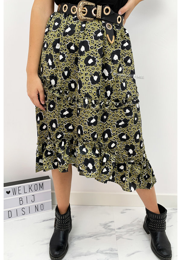 KHAKI GREEN - 'NATALIA' - LEOPARD PRINT MIDI RUFFLE SKIRT