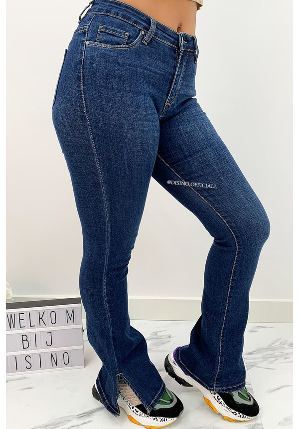 DARK BLUE - 'BILLIE SPLIT' - SUPER STRETCH DENIM FLARED PANTS WITH SIDE SPLIT