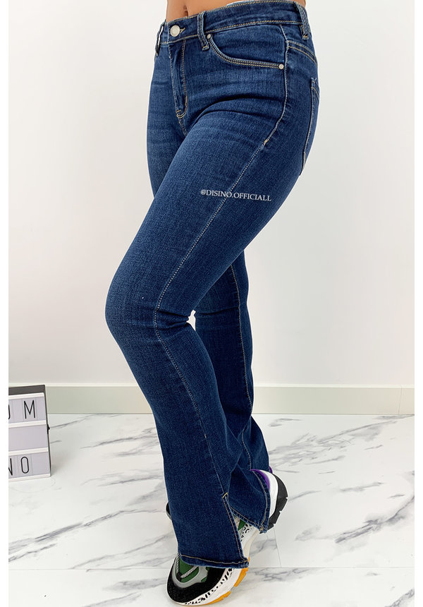 DARK BLUE - 'BILLIE SPLIT' - SUPER STRETCH DENIM FLARED PANTS WITH SIDE SPLIT